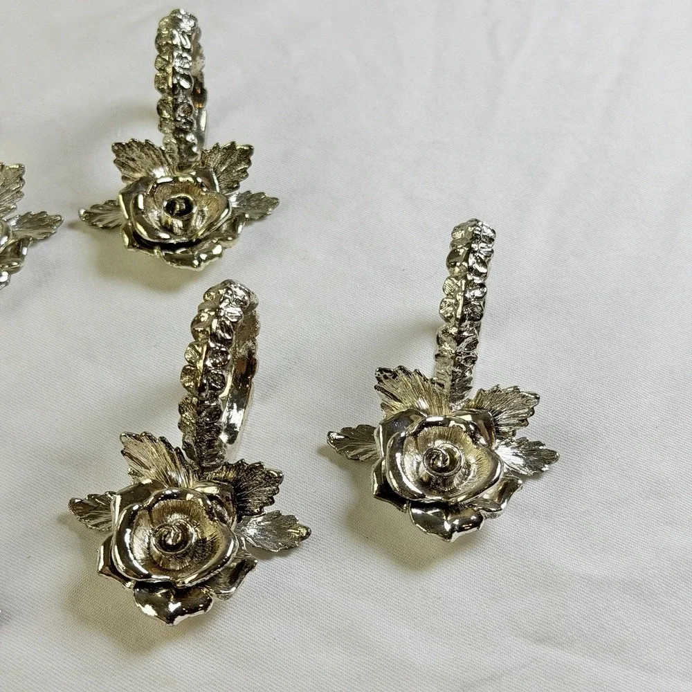 Vintage Silver Tone Rose Metal Holders Napkin Rings Set of 12 Floral Table Decor
